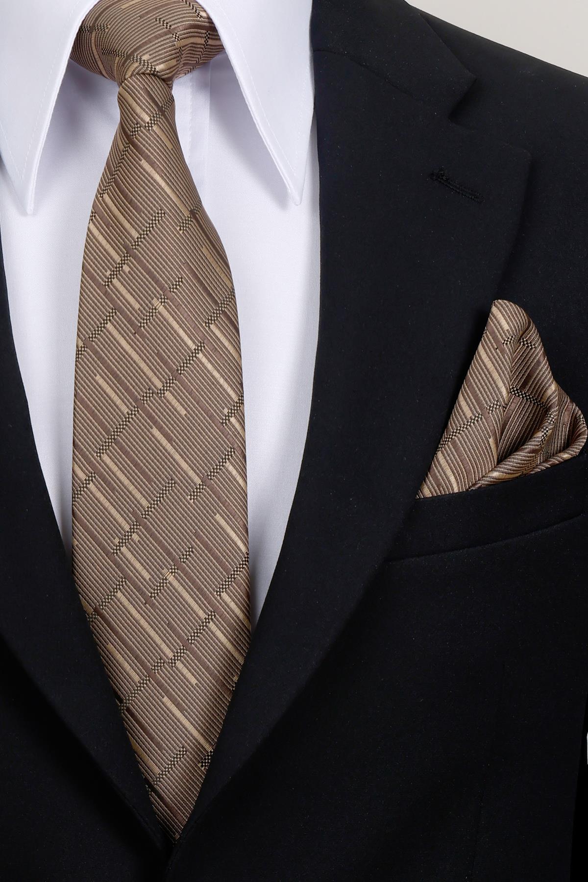 Esgue 8 Cm Hand Made Kahverengi - Bej Çizgili Desen Mendilli Kravat