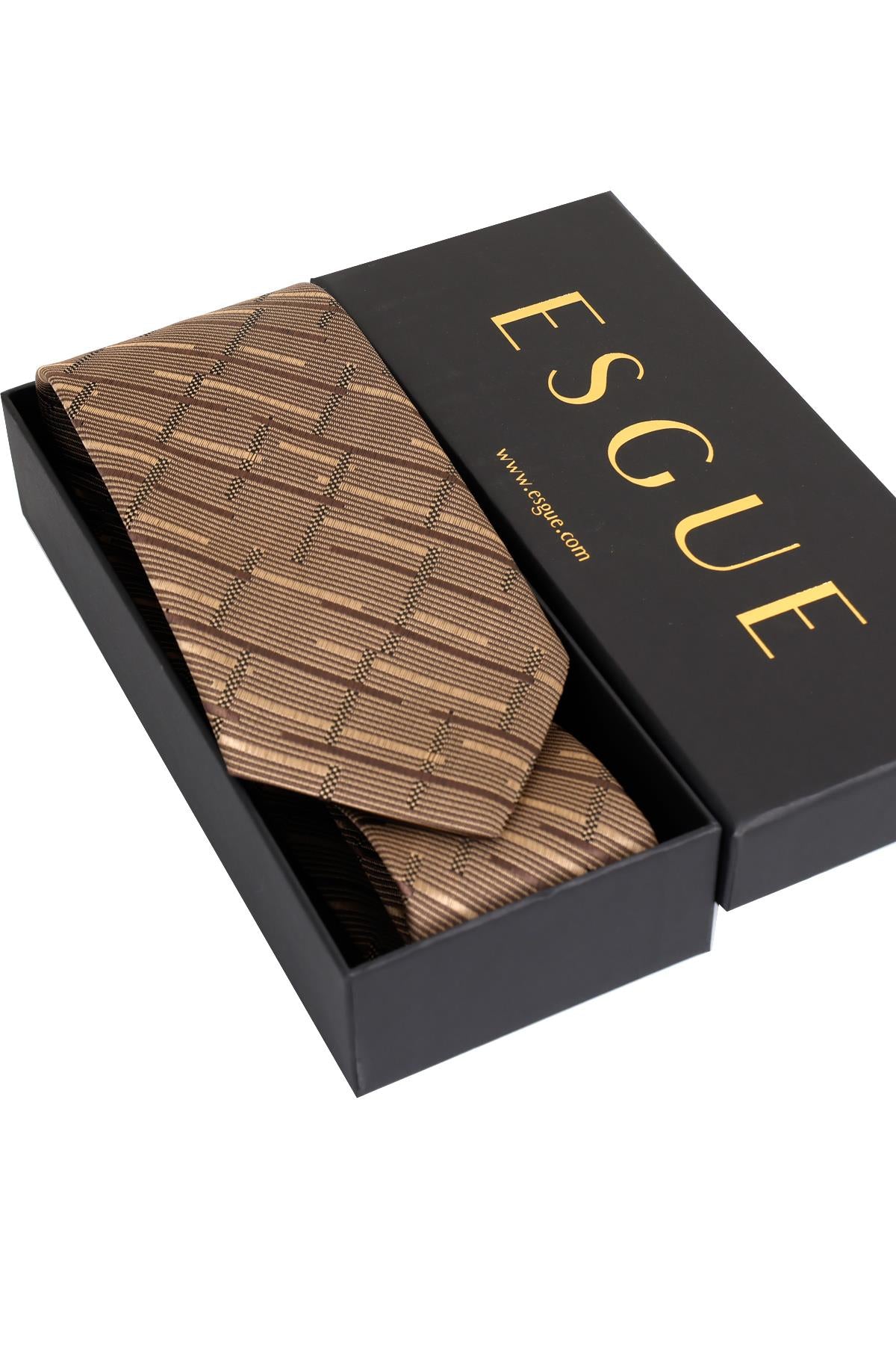 Esgue 8 Cm Hand Made Kahverengi - Bej Çizgili Desen Mendilli Kravat