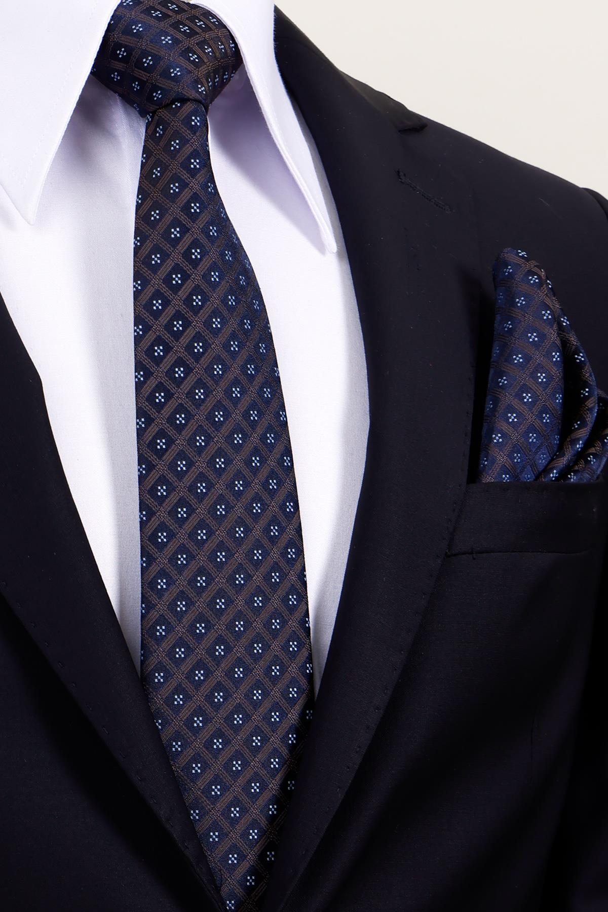 Esgue 8 Cm Hand Made Kahverengi - Lacivert Motif Desen Mendilli Kravat