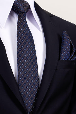 Esgue 8 Cm Hand Made Kahverengi - Lacivert Motif Desen Mendilli Kravat