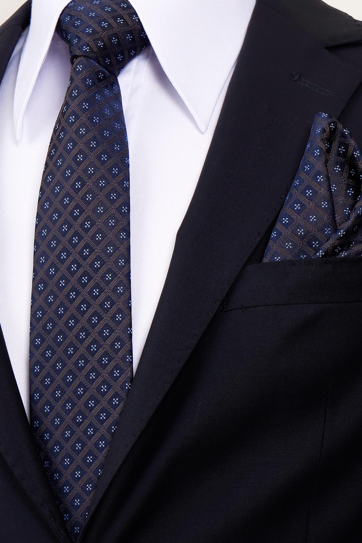 Esgue 8 Cm Hand Made Kahverengi - Lacivert Motif Desen Mendilli Kravat