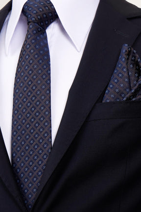 Esgue 8 Cm Hand Made Kahverengi - Lacivert Motif Desen Mendilli Kravat