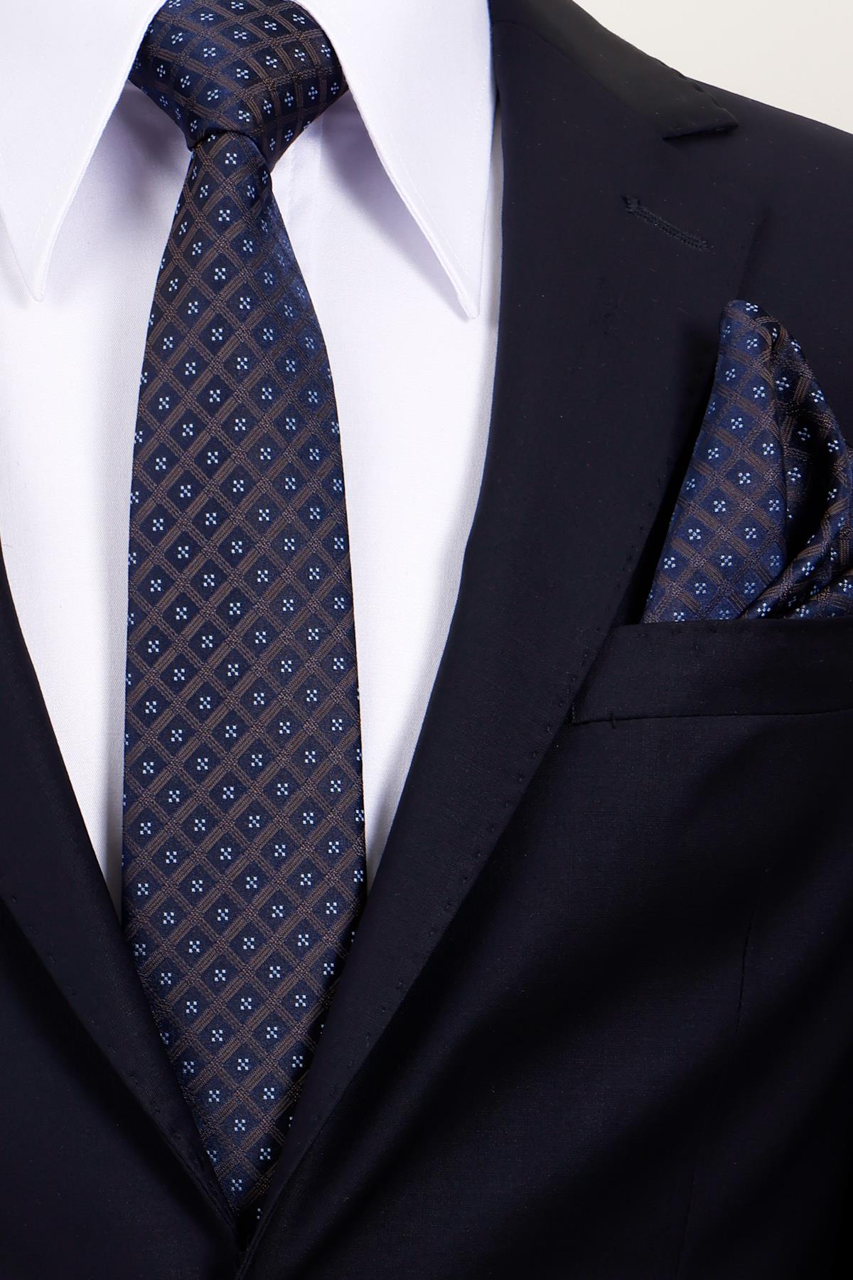 Esgue 8 Cm Hand Made Kahverengi - Lacivert Motif Desen Mendilli Kravat