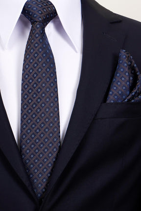 Esgue 8 Cm Hand Made Kahverengi - Lacivert Motif Desen Mendilli Kravat