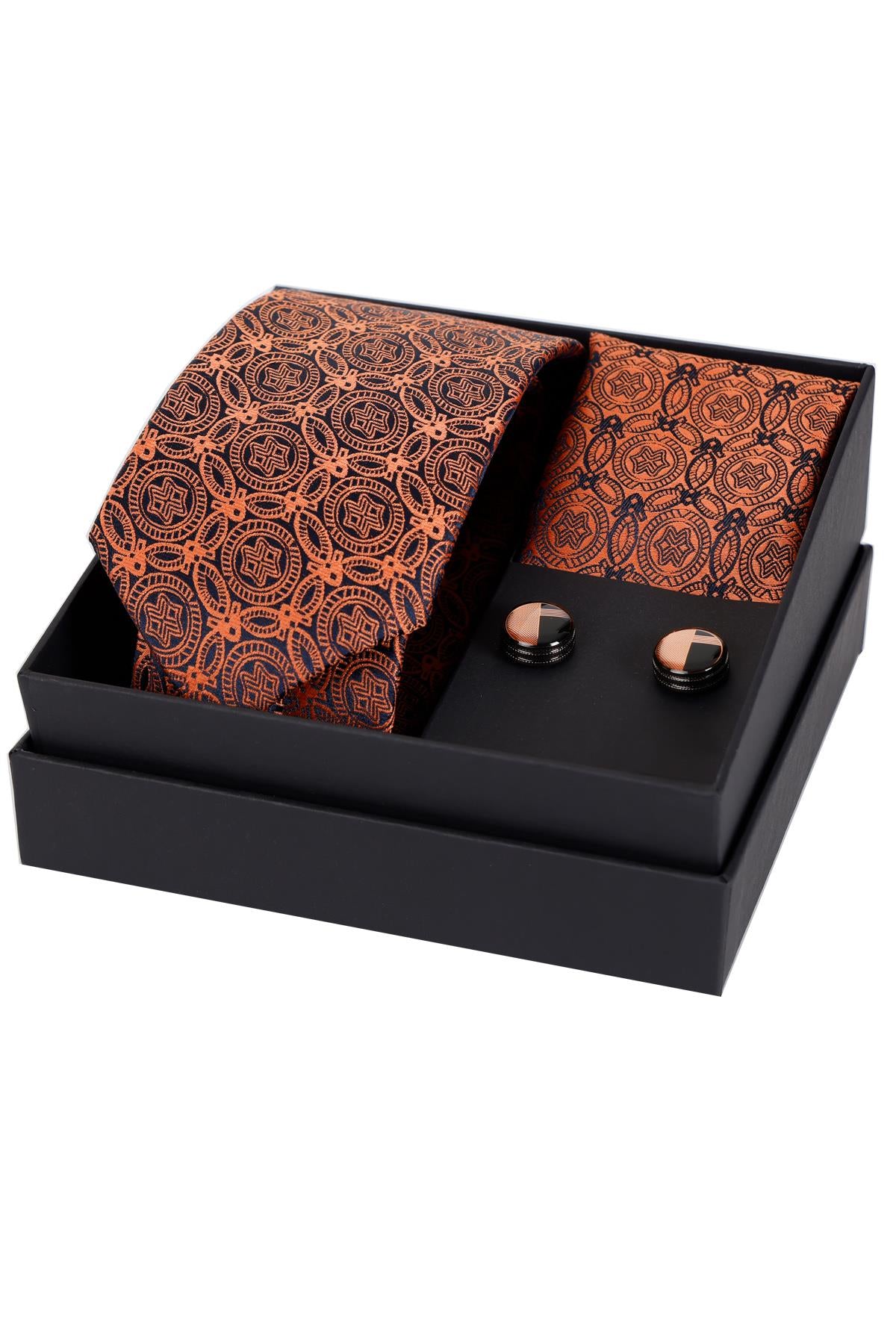 Esgue 8 Cm Hand Made Kiremit Lacivert Motif Desen Kravat Mendil & Kol Düğmesi Hediye Seti HSET:119