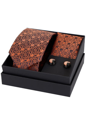 Esgue 8 Cm Hand Made Kiremit Lacivert Motif Desen Kravat Mendil & Kol Düğmesi Hediye Seti HSET:119