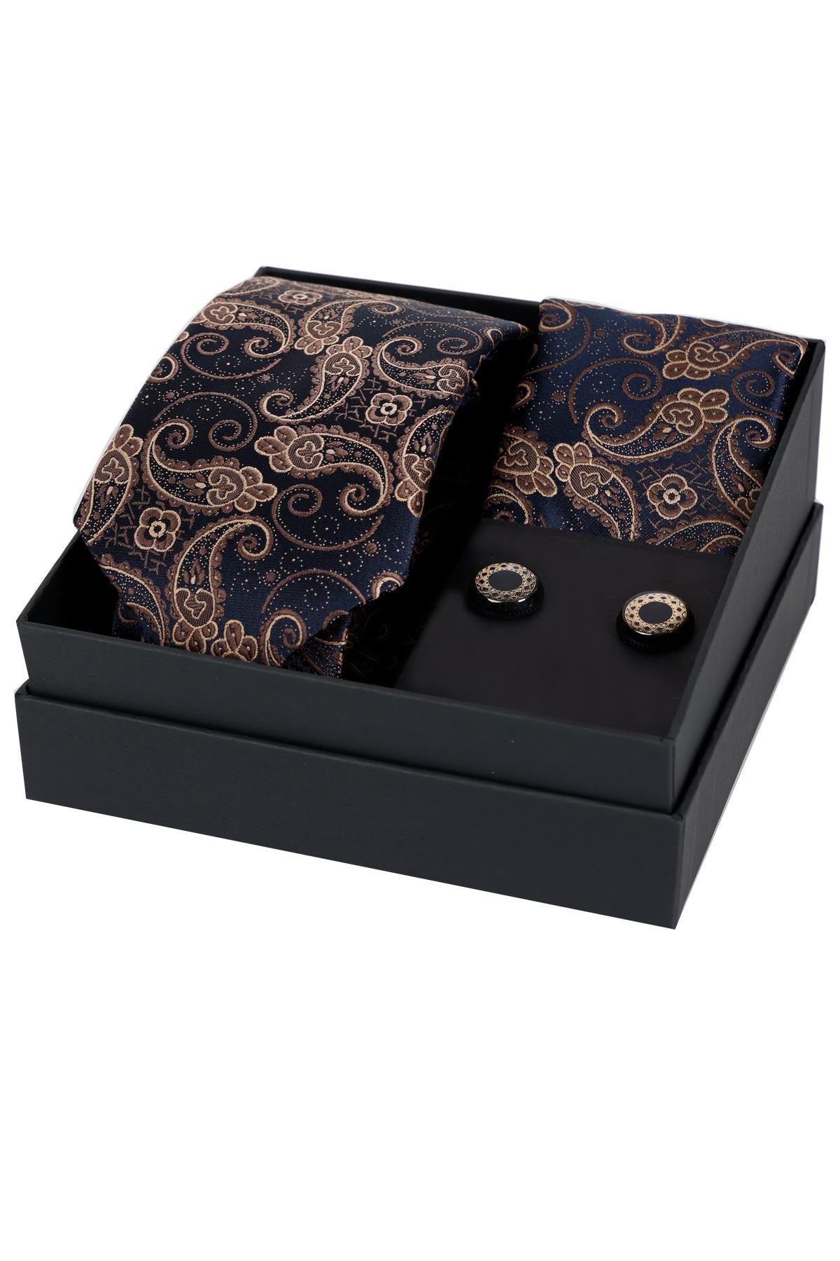 Esgue 8 Cm Hand Made Lacivert Bej Şal Desen Kravat Mendil & Kol Düğmesi  Hediye Seti HSET:109
