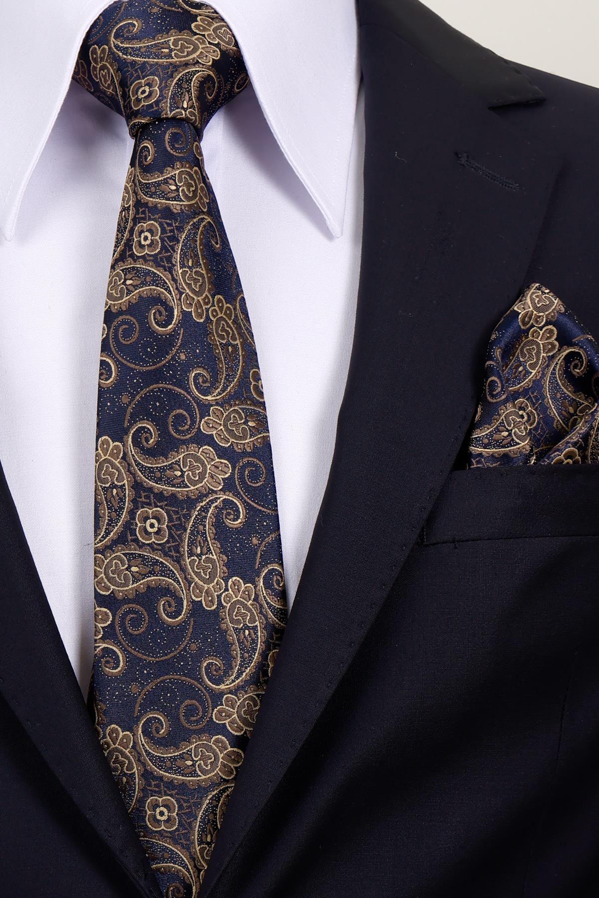 Esgue 8 Cm Hand Made Lacivert - Bej Şal Desen Mendilli Kravat