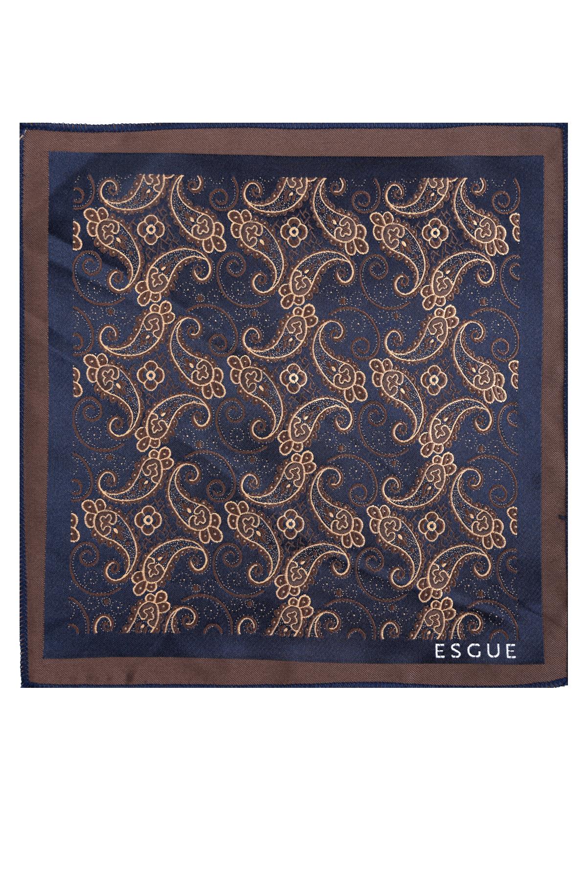 Esgue 8 Cm Hand Made Lacivert - Bej Şal Desen Mendilli Kravat