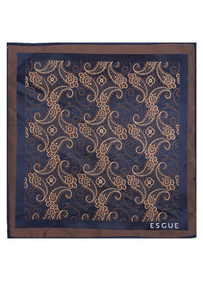 Esgue 8 Cm Hand Made Lacivert - Bej Şal Desen Mendilli Kravat
