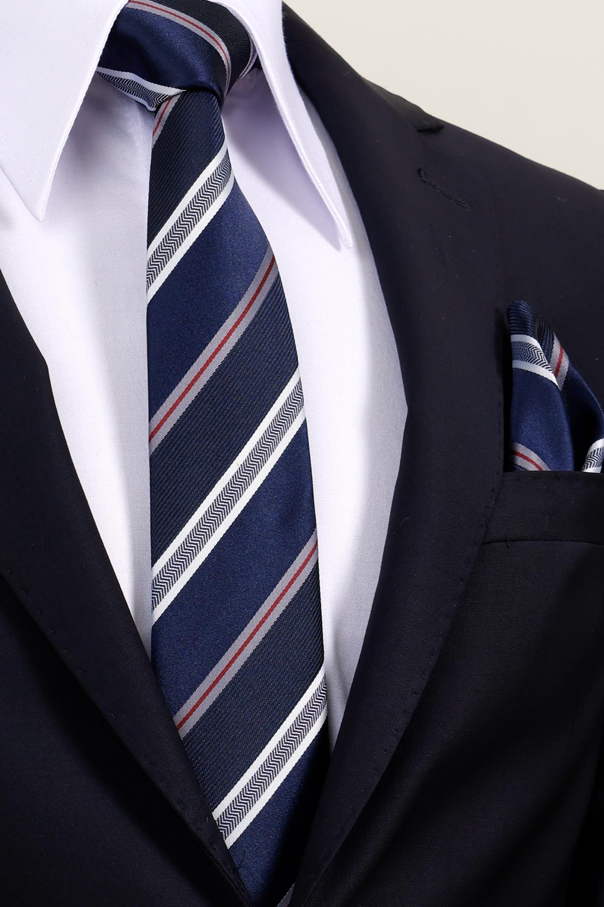 Esgue 8 Cm Hand Made Lacivert - Beyaz Çizgili Desen Mendilli Kravat