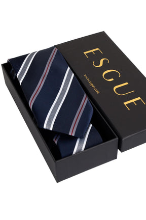 Esgue 8 Cm Hand Made Lacivert - Beyaz Çizgili Desen Mendilli Kravat