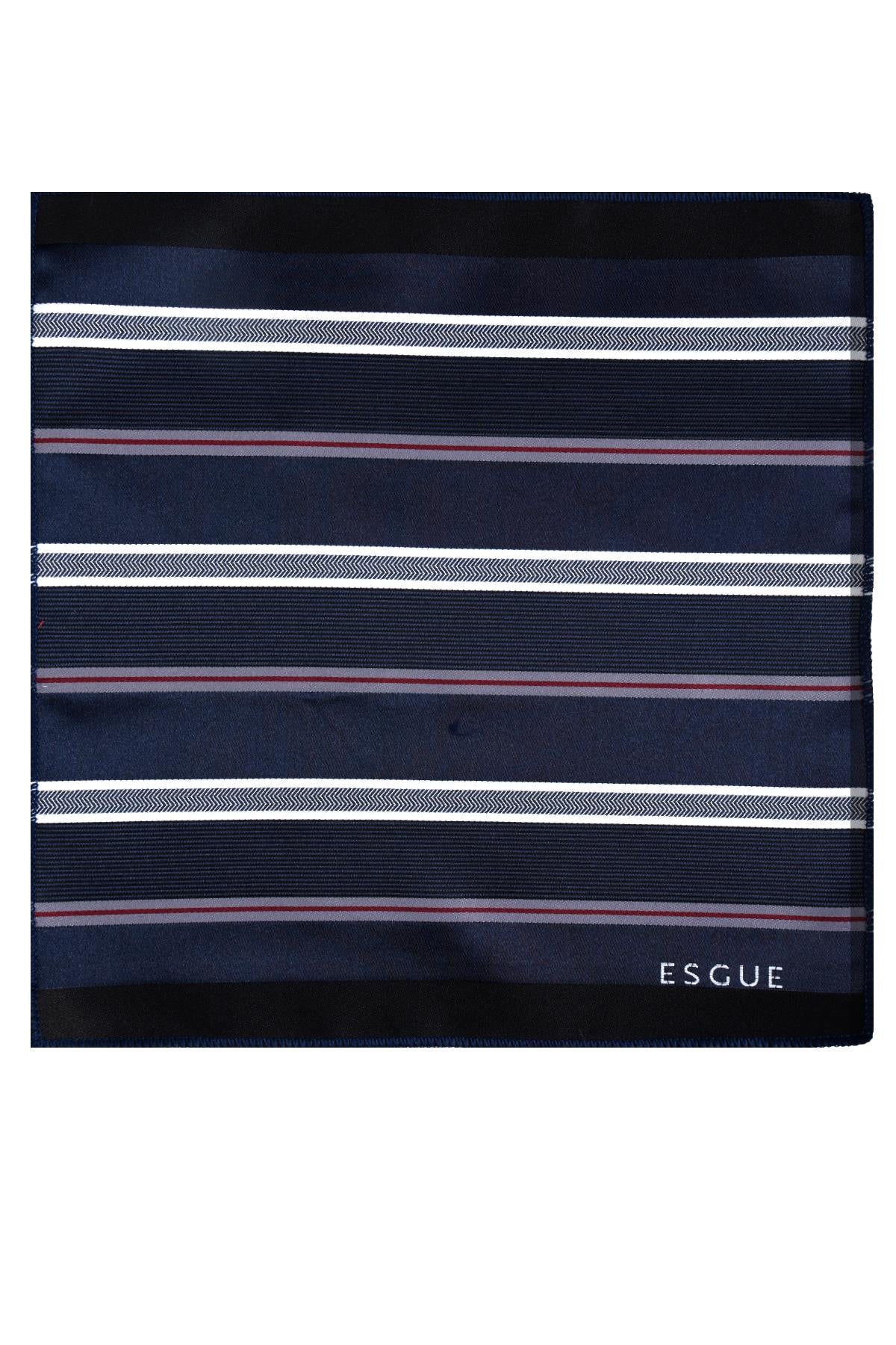 Esgue 8 Cm Hand Made Lacivert Çizgili Kravat Mendil & Lacivert Kare Kol Düğmesi Hediye Seti HSET:102