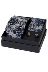 Esgue 8 Cm Hand Made Lacivert Gri Şal Desen Kravat Mendil & Kol Düğmesi Hediye Seti HSET:105