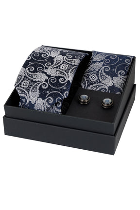 Esgue 8 Cm Hand Made Lacivert Gri Şal Desen Kravat Mendil & Kol Düğmesi Hediye Seti HSET:105