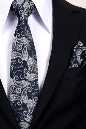 Esgue 8 Cm Hand Made Lacivert Gri Şal Desen Kravat Mendil & Kol Düğmesi Hediye Seti HSET:105