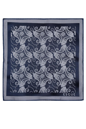 Esgue 8 Cm Hand Made Lacivert Gri Şal Desen Kravat Mendil & Kol Düğmesi Hediye Seti HSET:105