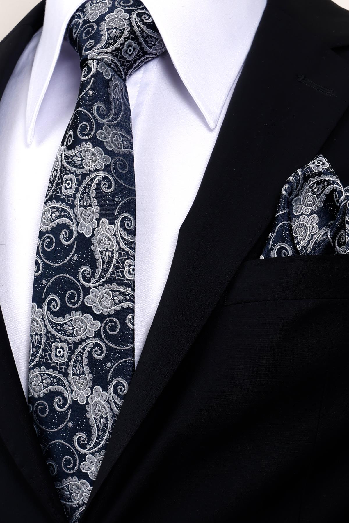 Esgue 8 Cm Hand Made Lacivert - Gri Şal Desen Mendilli Kravat