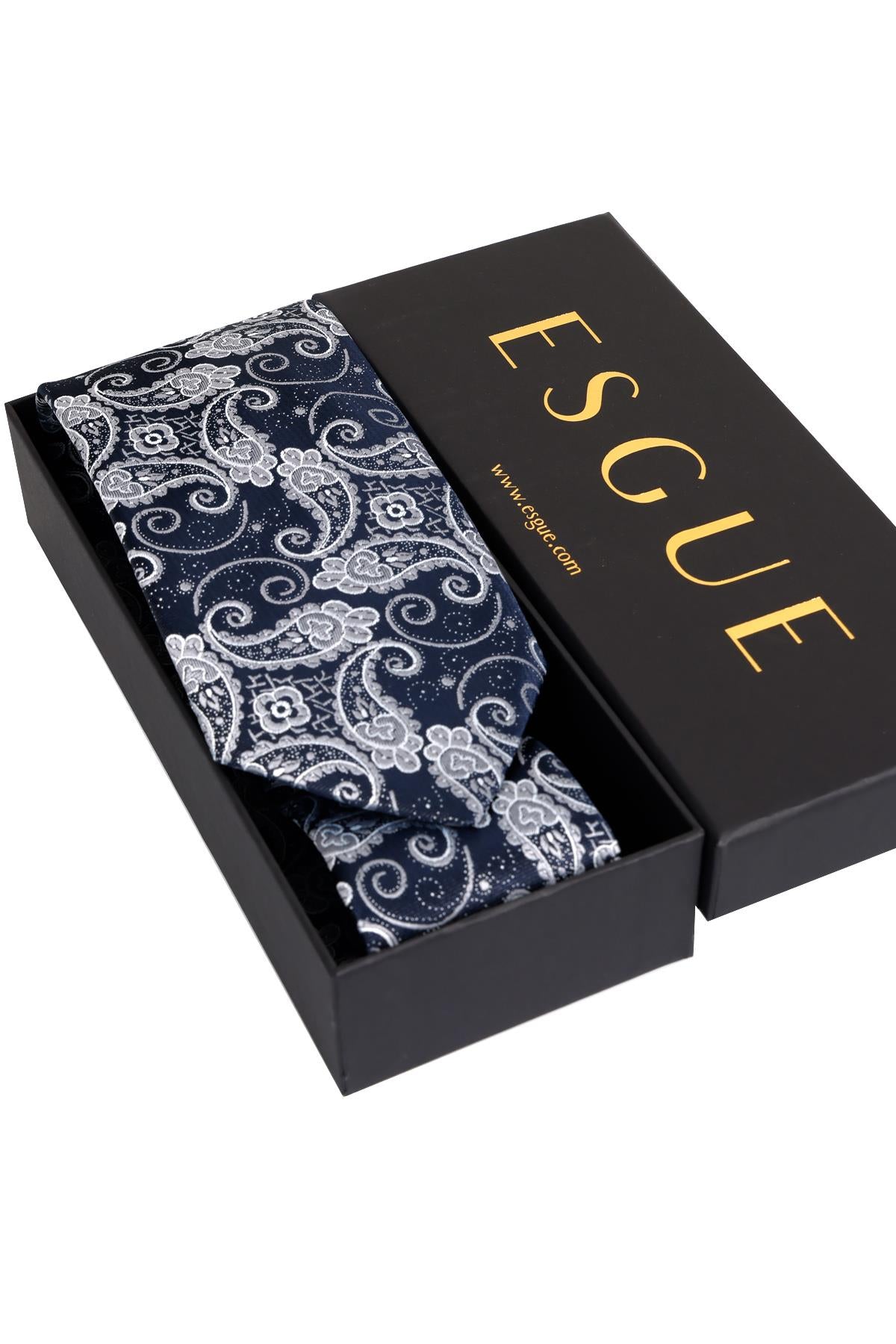 Esgue 8 Cm Hand Made Lacivert - Gri Şal Desen Mendilli Kravat