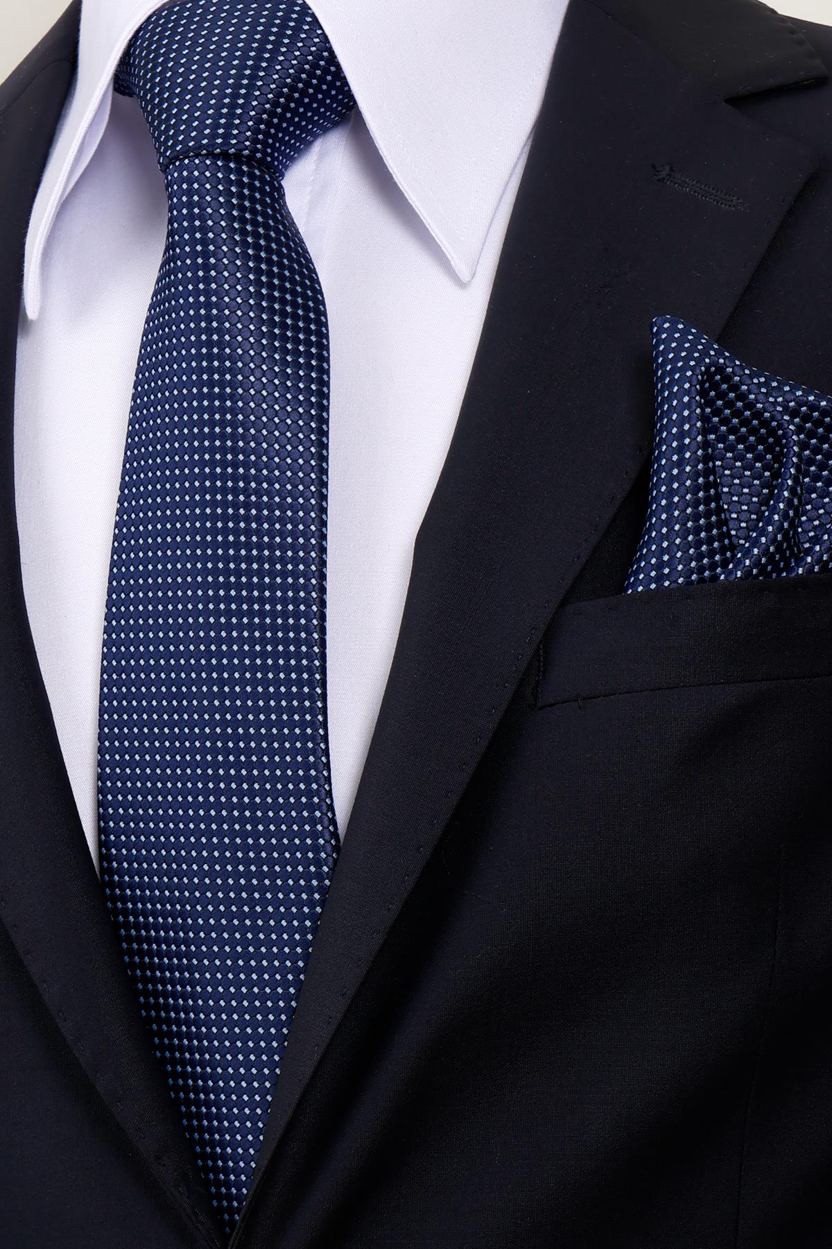 Esgue 8 Cm Hand Made Lacivert - Mavi Nokta Desenli Mendilli Kravat