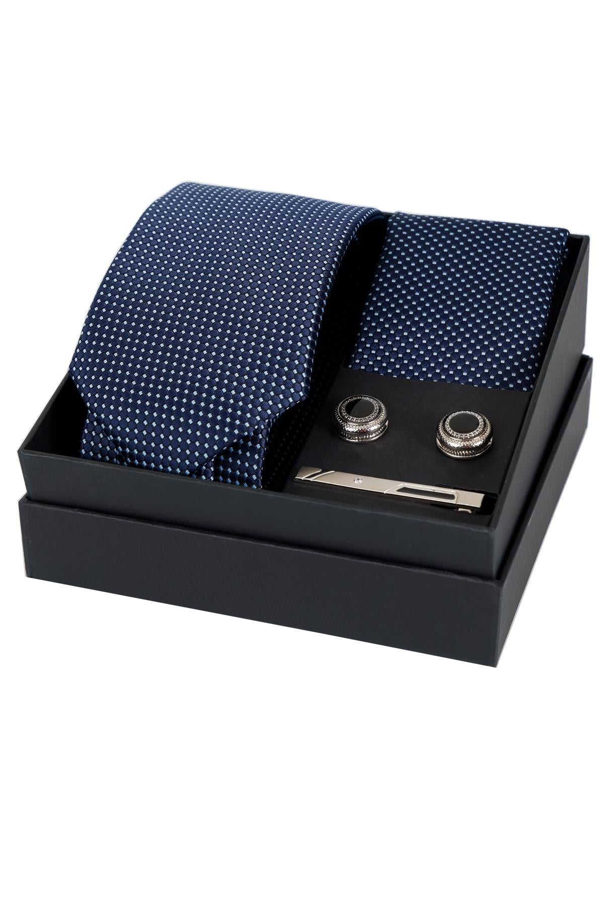 Esgue 8 Cm Hand Made Lacivert Mavi Noktalı Kravat Mendil & Kol Düğmesi & Kravat Maşası Hediye Seti HSET:115