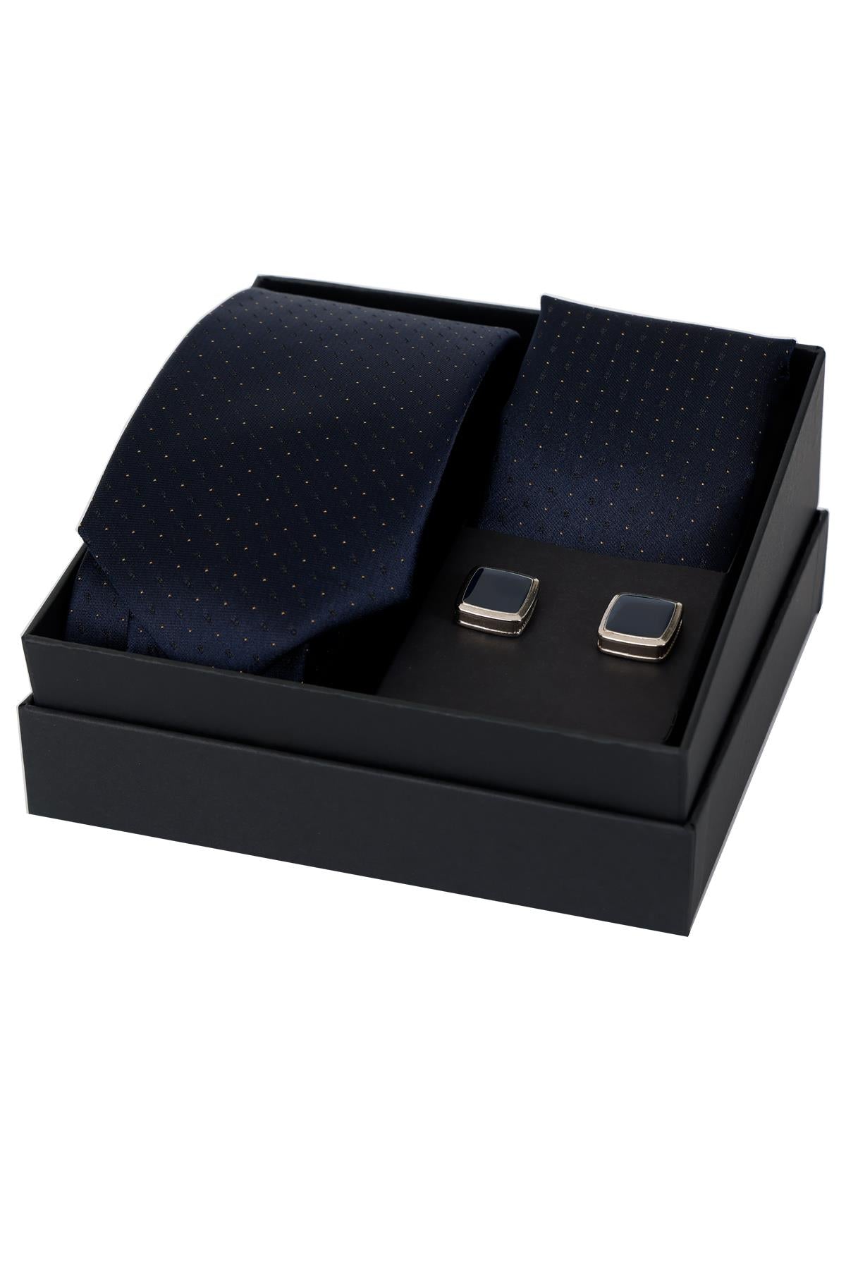 Esgue 8 Cm Hand Made Lacivert Sarı Noktalı Kravat Mendil & Kare Kol Düğmesi Hediye Seti HSET:118