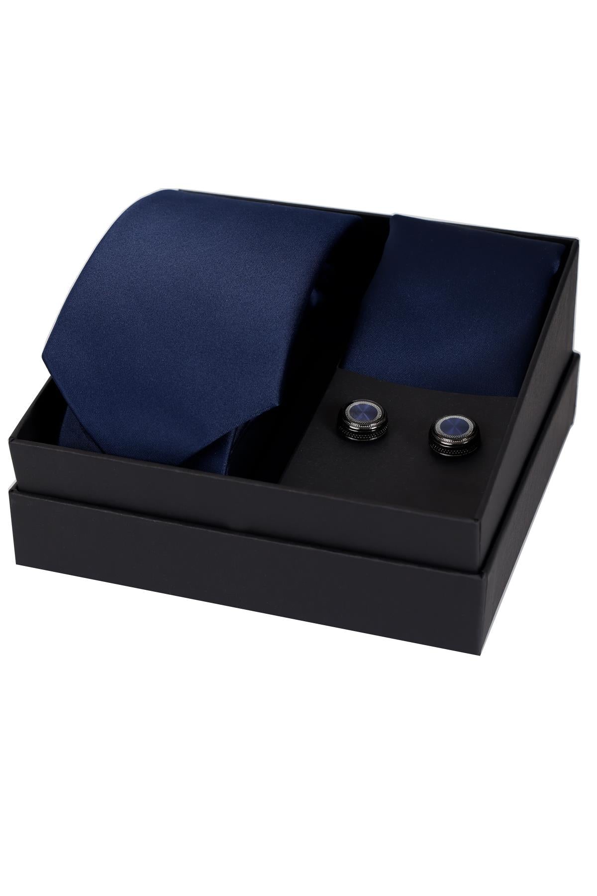 Esgue 8 Cm Hand Made Lacivert Saten Kravat Mendil & Kol Düğmesi Hediye Seti HSET:114