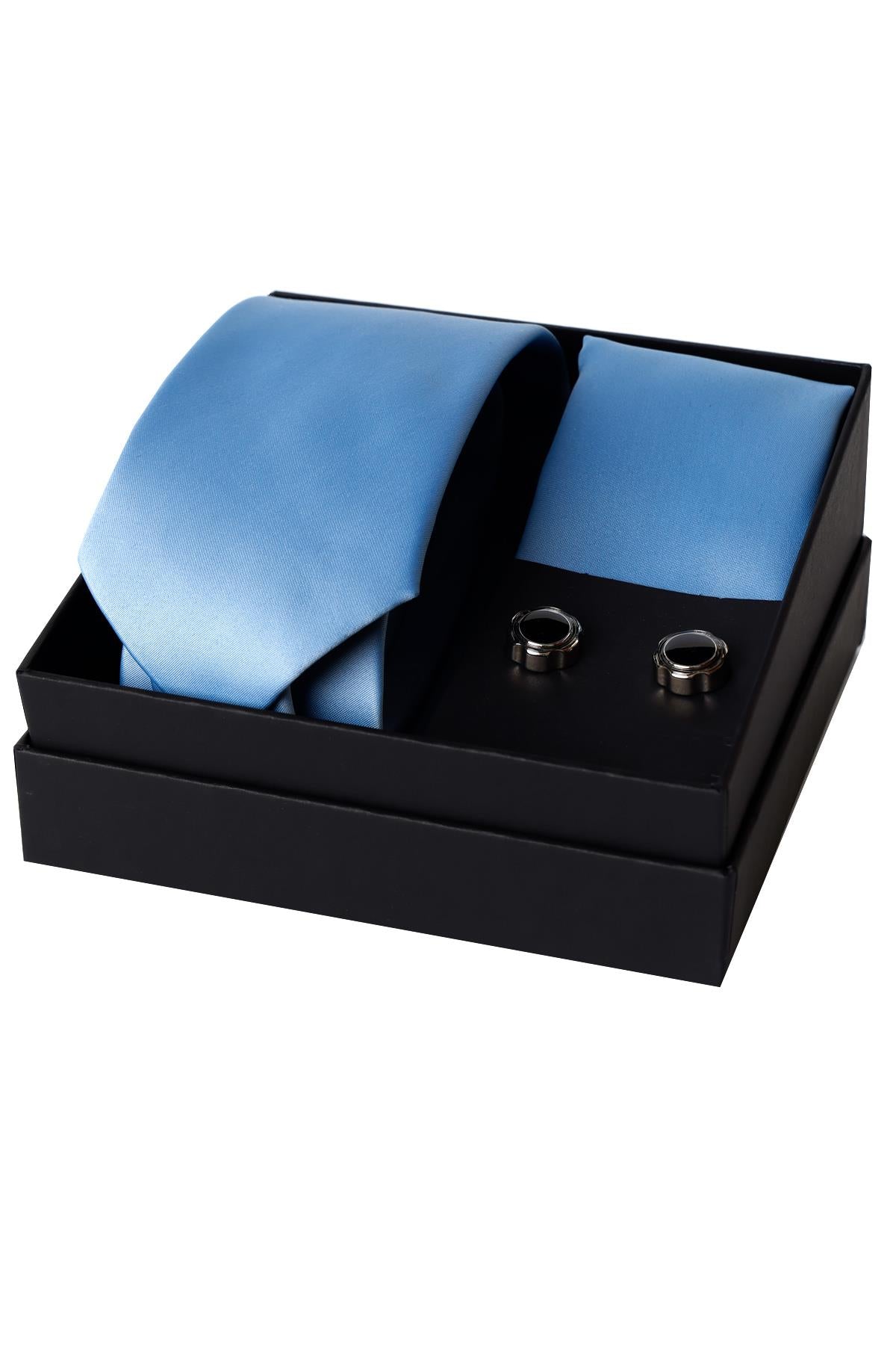 Esgue 8 Cm Hand Made Mavi Saten Kravat Mendil & Kol Düğmesi Hediye Seti HSET:112