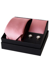 Esgue 8 Cm Hand Made Pembe Saten Kravat Mendil & Kol Düğmesi Hediye Seti HSET:111