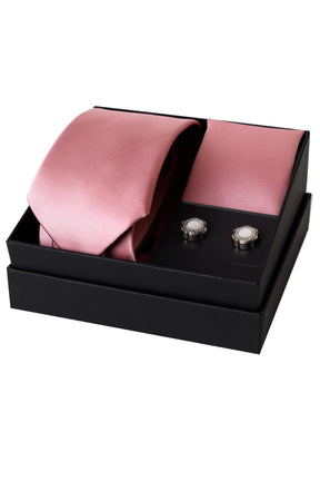 Esgue 8 Cm Hand Made Pembe Saten Kravat Mendil & Kol Düğmesi Hediye Seti HSET:111