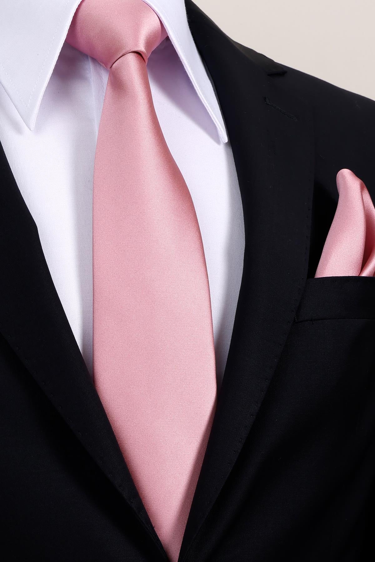 Esgue 8 Cm Hand Made Pembe Saten Kravat Mendil & Kol Düğmesi Hediye Seti HSET:111
