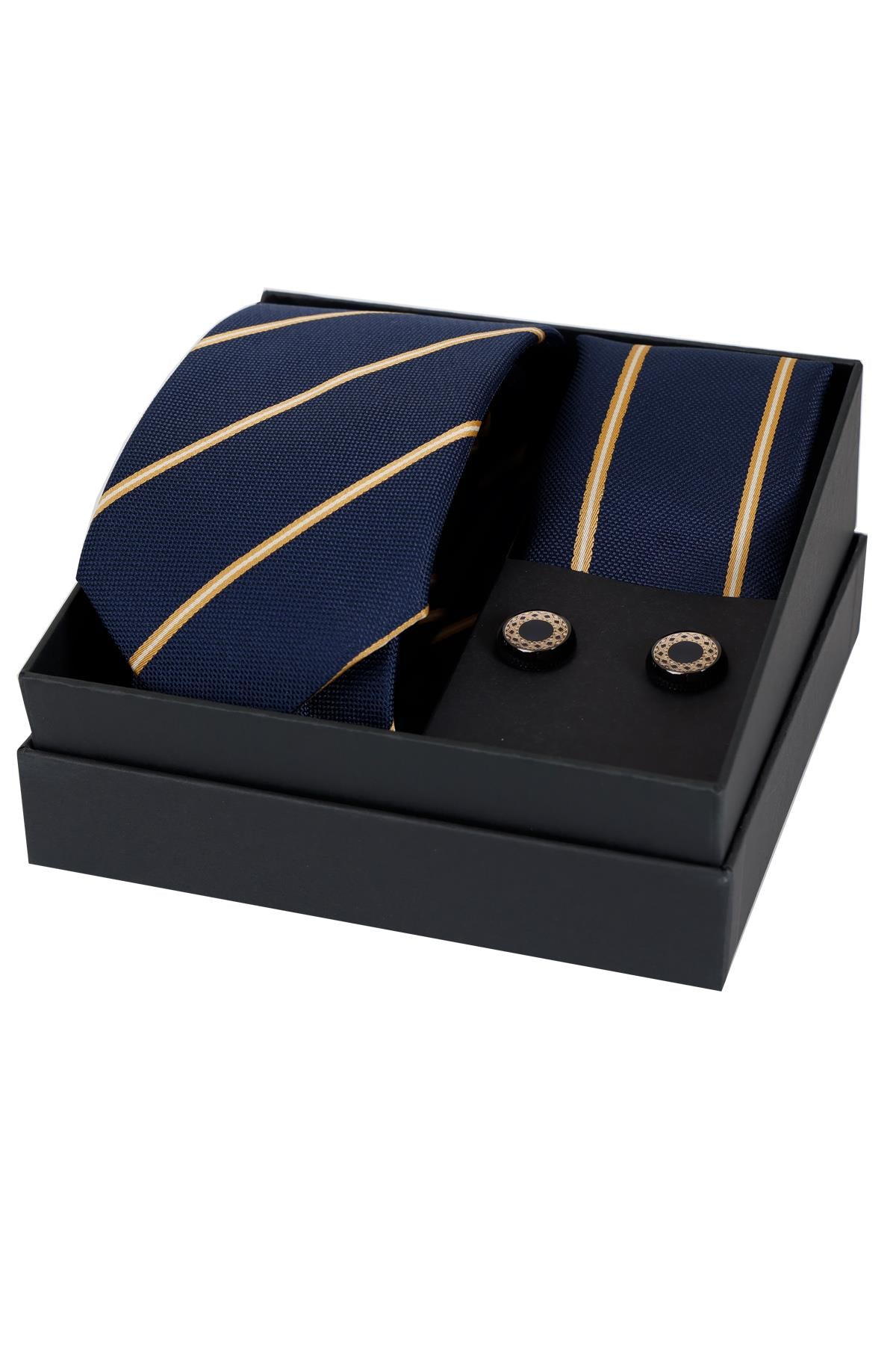 Esgue 8 Cm Hand Made Sarı Lacivert Çizgili Kravat Mendil & Kol Düğmesi Hediye Seti HSET:103