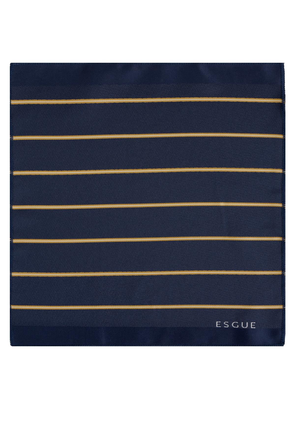 Esgue 8 Cm Hand Made Sarı Lacivert Çizgili Kravat Mendil & Kol Düğmesi Hediye Seti HSET:103