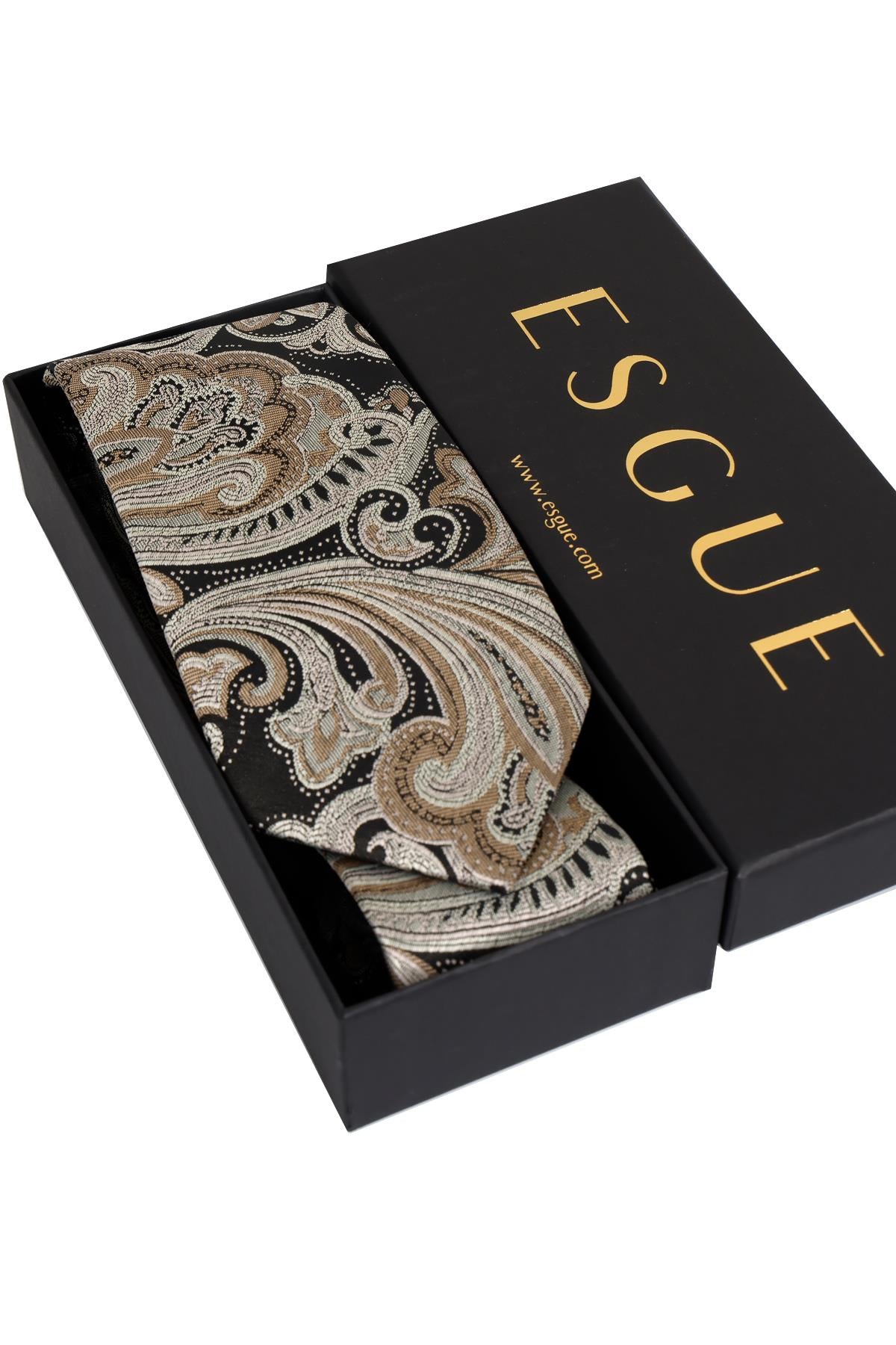 Esgue 8 Cm Hand Made Siyah - Bej Desenli Mendilli Kravat