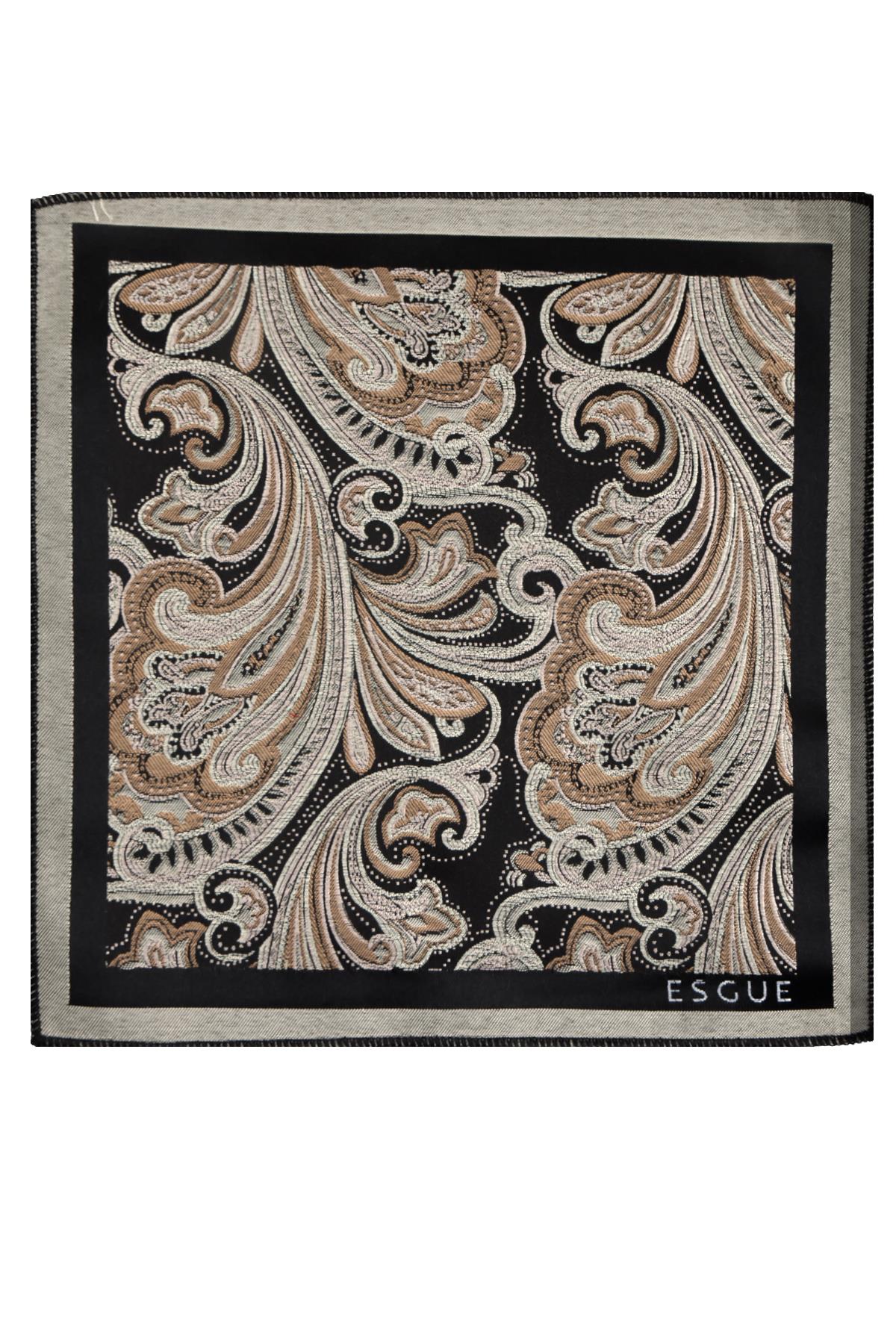 Esgue 8 Cm Hand Made Siyah - Bej Desenli Mendilli Kravat