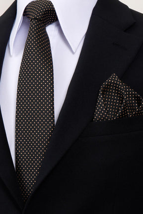 Esgue 8 Cm Hand Made Siyah - Bej Nokta Desenli Mendilli Kravat