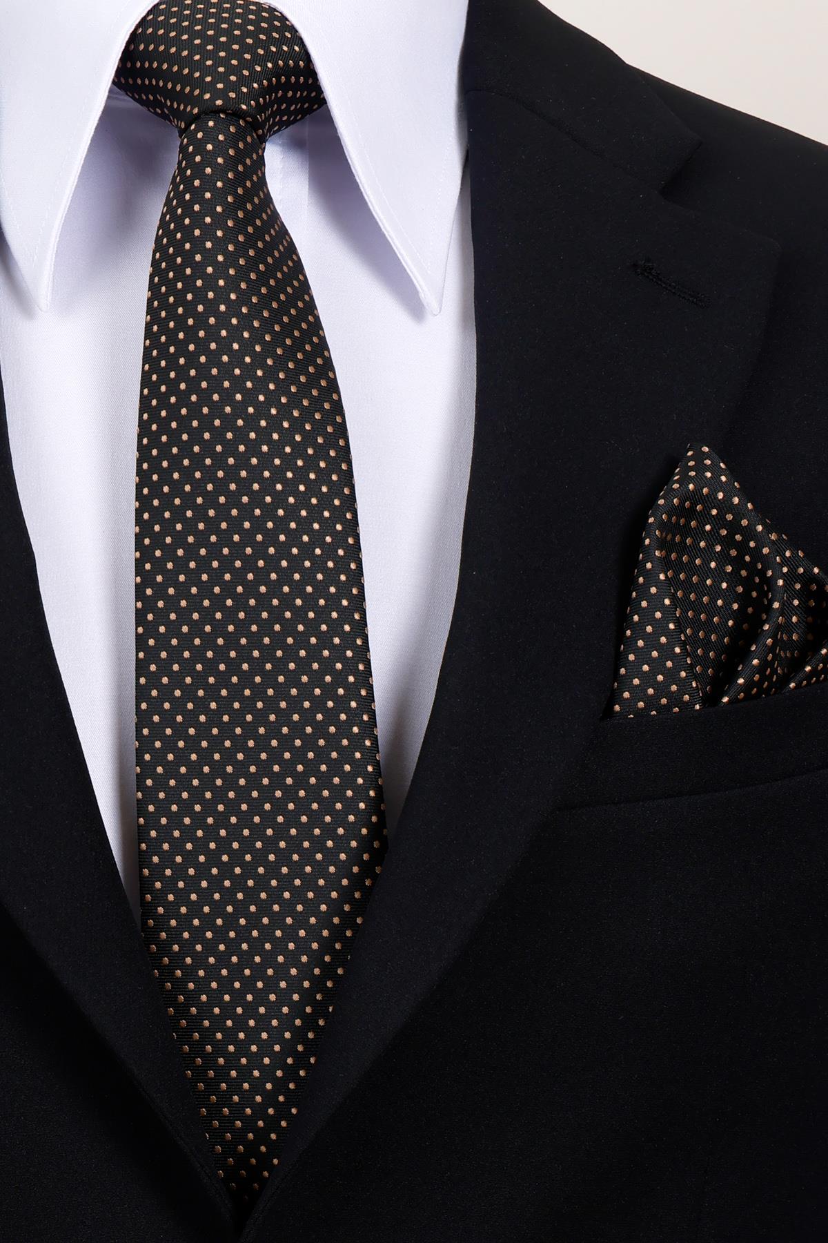 Esgue 8 Cm Hand Made Siyah - Bej Nokta Desenli Mendilli Kravat