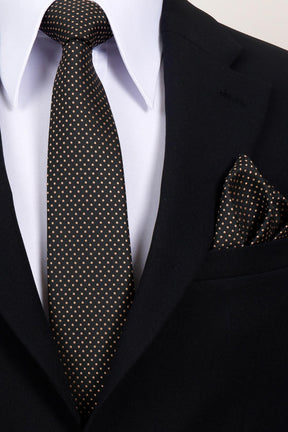 Esgue 8 Cm Hand Made Siyah - Bej Nokta Desenli Mendilli Kravat