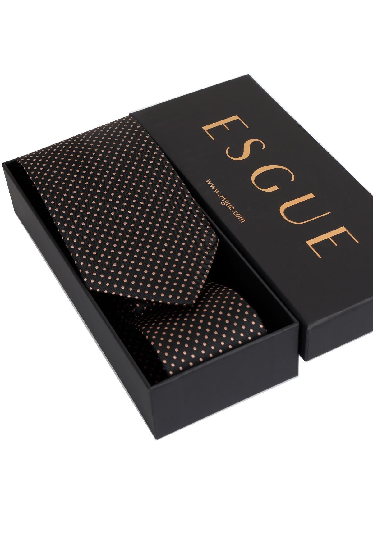 Esgue 8 Cm Hand Made Siyah - Bej Nokta Desenli Mendilli Kravat