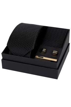 Esgue 8 Cm Hand Made Siyah Desenli Kravat Mendil & Gold Siyah Kol Düğmesi & Maşa Hediye Seti HSET:122