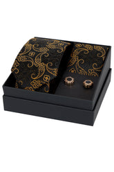 Esgue 8 Cm Hand Made Siyah Gold Şal Desen Kravat Mendil & Gold Kol Düğmesi Hediye Seti HSET:104