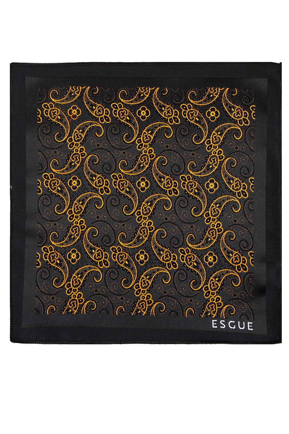 Esgue 8 Cm Hand Made Siyah Gold Şal Desen Kravat Mendil & Gold Kol Düğmesi Hediye Seti HSET:104