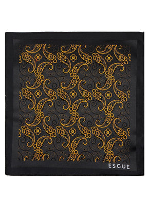 Esgue 8 Cm Hand Made Siyah Gold Şal Desen Kravat Mendil & Gold Kol Düğmesi Hediye Seti HSET:104