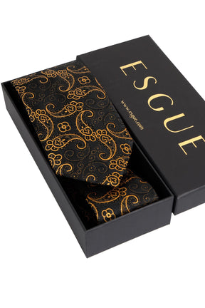 Esgue 8 Cm Hand Made Siyah - Gold Şal Desen Mendilli Kravat