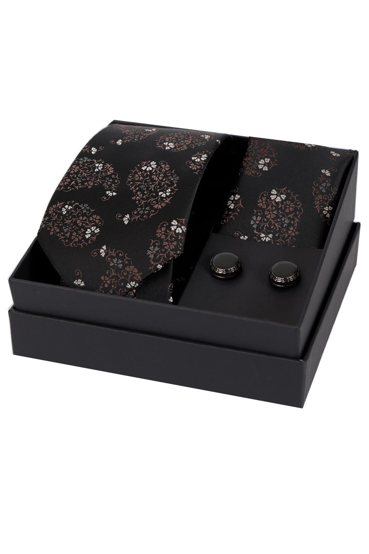 Esgue 8 Cm Hand Made Siyah Kahverengi Damla Desen Kravat Mendil & Siyah Mineli Kol Düğmesi Hediye Seti HSET:131