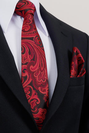 Esgue 8 Cm Hand Made Siyah - Kırmızı Desenli Mendilli Kravat