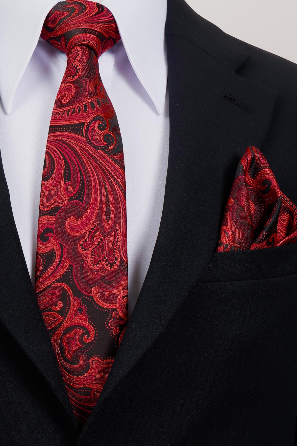 Esgue 8 Cm Hand Made Siyah - Kırmızı Desenli Mendilli Kravat
