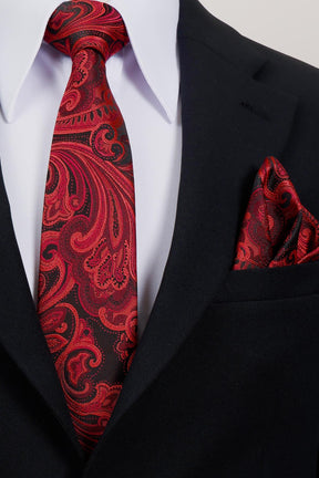 Esgue 8 Cm Hand Made Siyah - Kırmızı Desenli Mendilli Kravat
