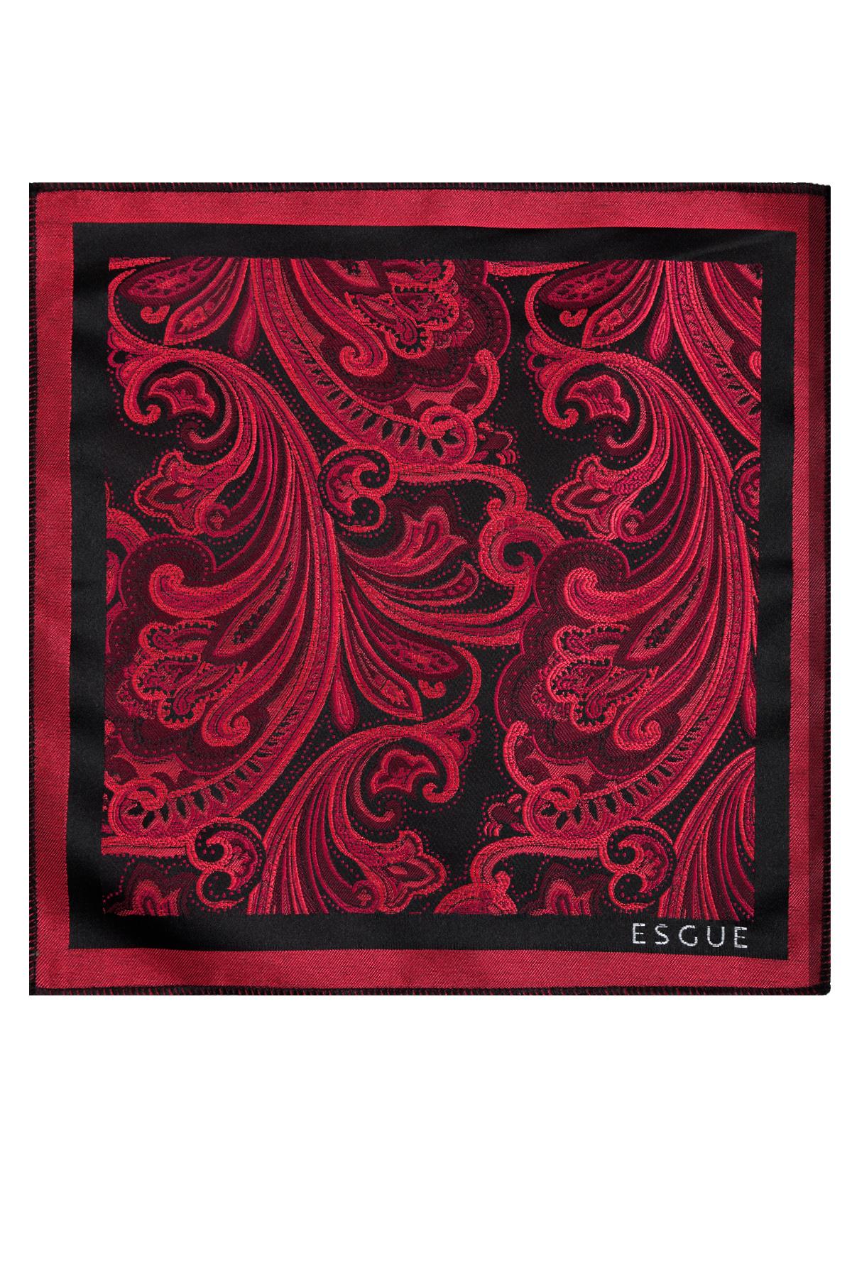 Esgue 8 Cm Hand Made Siyah - Kırmızı Desenli Mendilli Kravat