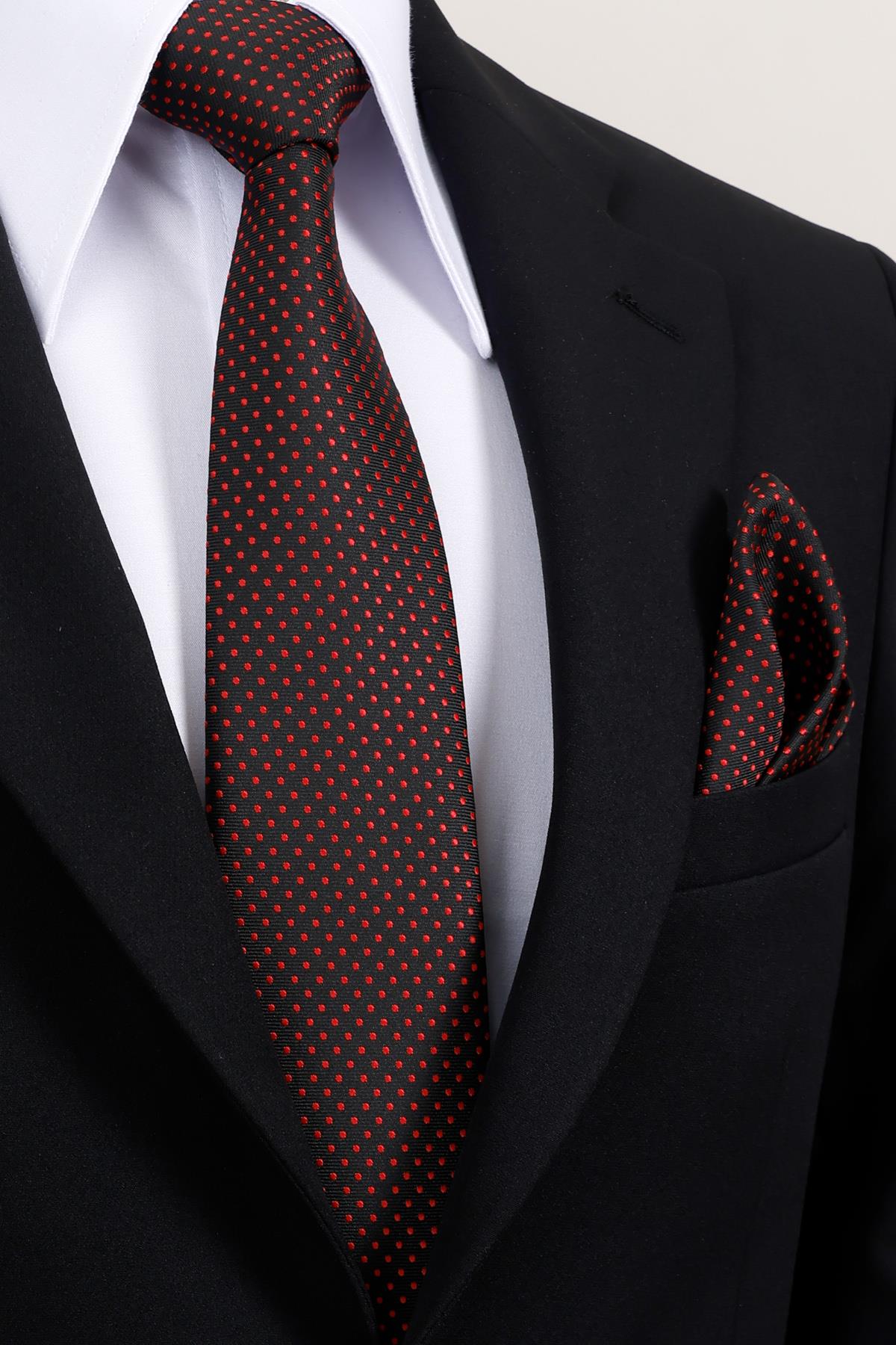 Esgue 8 Cm Hand Made Siyah - Kırmızı Nokta Desenli Mendilli Kravat